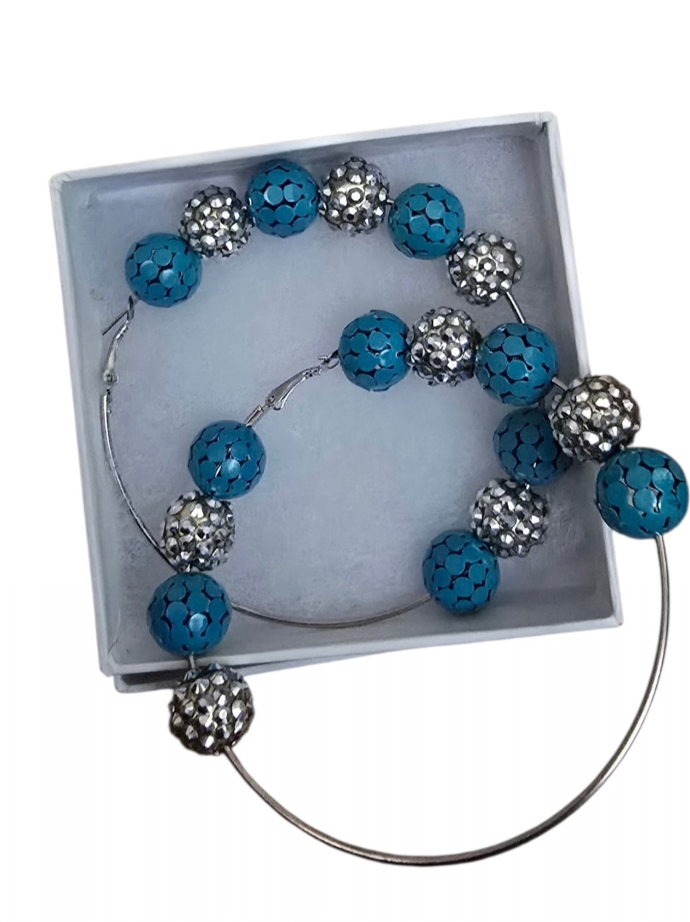 Turquoise and Silver Beaded Hoop Earrings - Women Jewelry